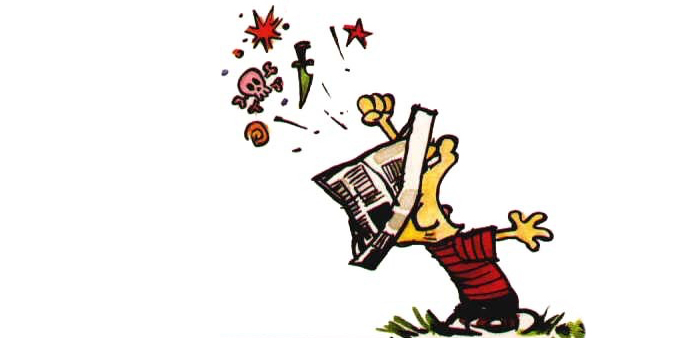 Calvin cursing with newspaper hat on.