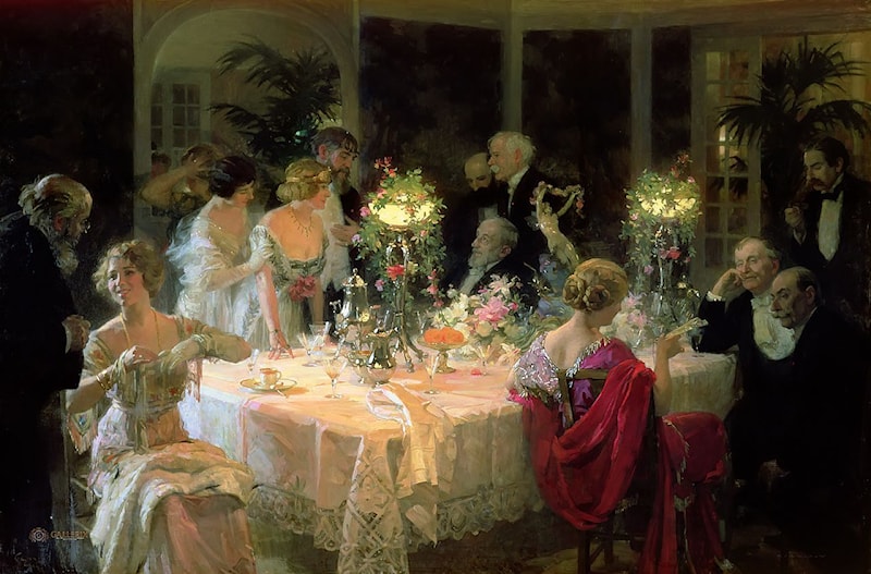 Oil painting of a dinner party in a wealthy, upper class home from the early 1900's.